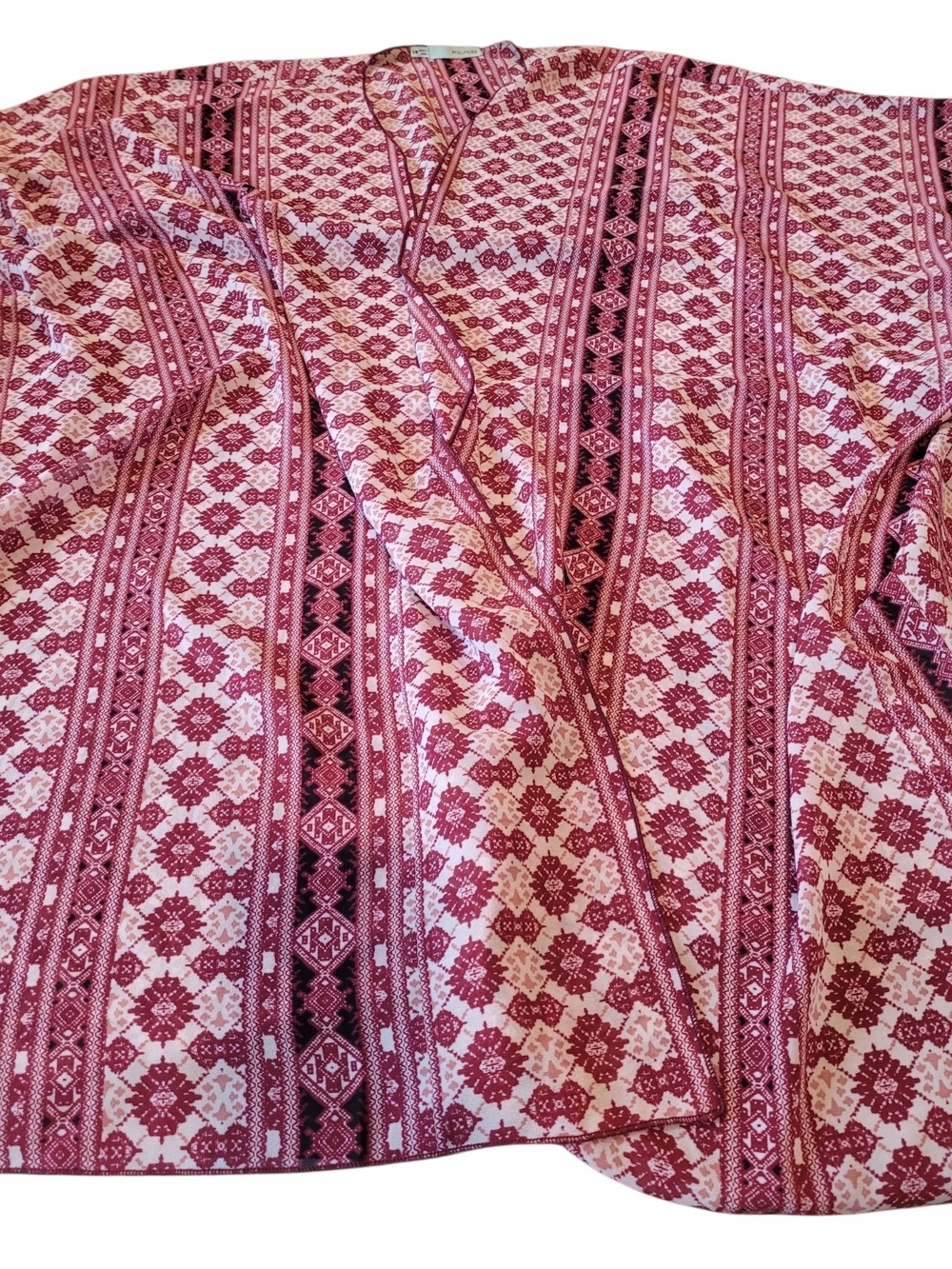 Maurices Women’s S/M Burgundy Geometric Boho Print Open Front Kimono Cardigan